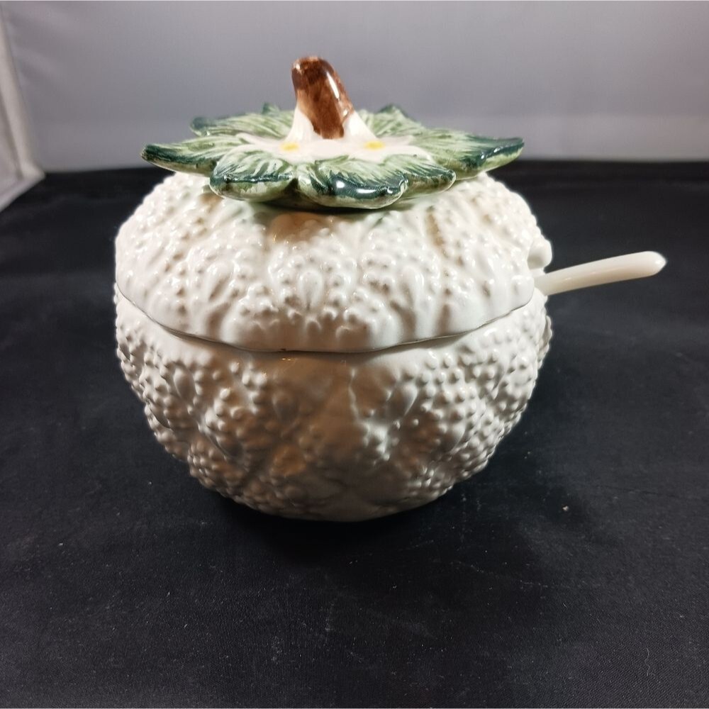 Vintage Majolica Cauliflower Jam Lidded Small Jar